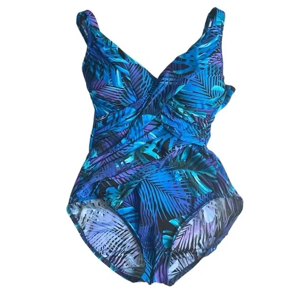 Miraclesuit Royal Palms Revele One Piece Swimsuit Blue Size 14 Slimming Tummy - Picture 4 of 12